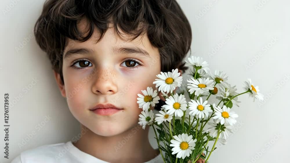 Young boy holding a bouquet of daisies with a calm expression against a neutral background Young boy holding a bouquet of daisies with a calm expression against a neutral background