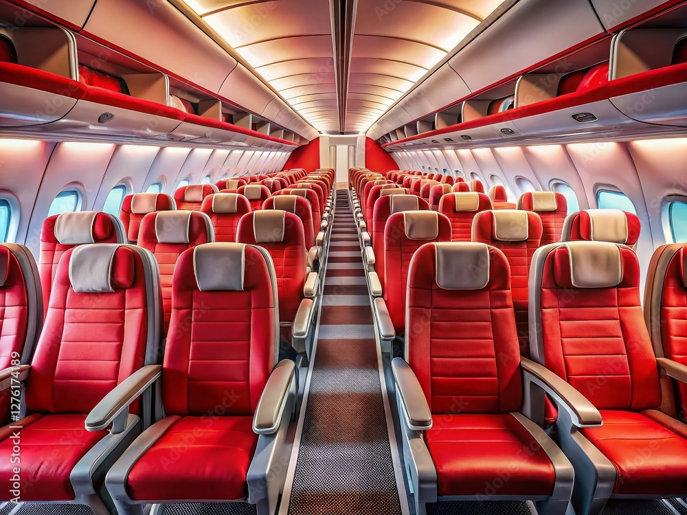 Fototapeta premium Empty Economy Airplane Seats Panoramic, Red Headrests, Interior View