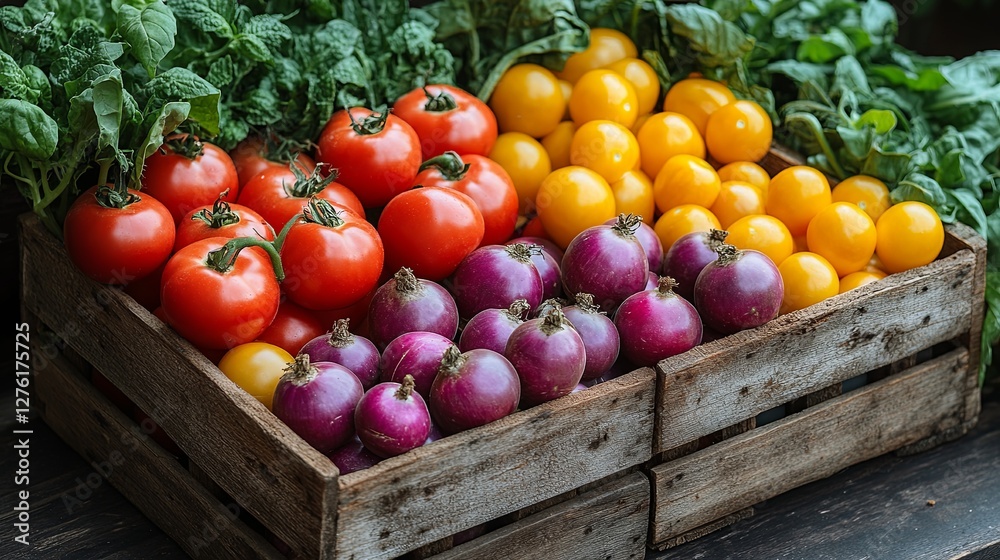 Wooden box brimming with fresh vegetables, showcasing simplicity and natural abundance. Wooden box brimming with fresh vegetables, showcasing simplicity and natural abundance.