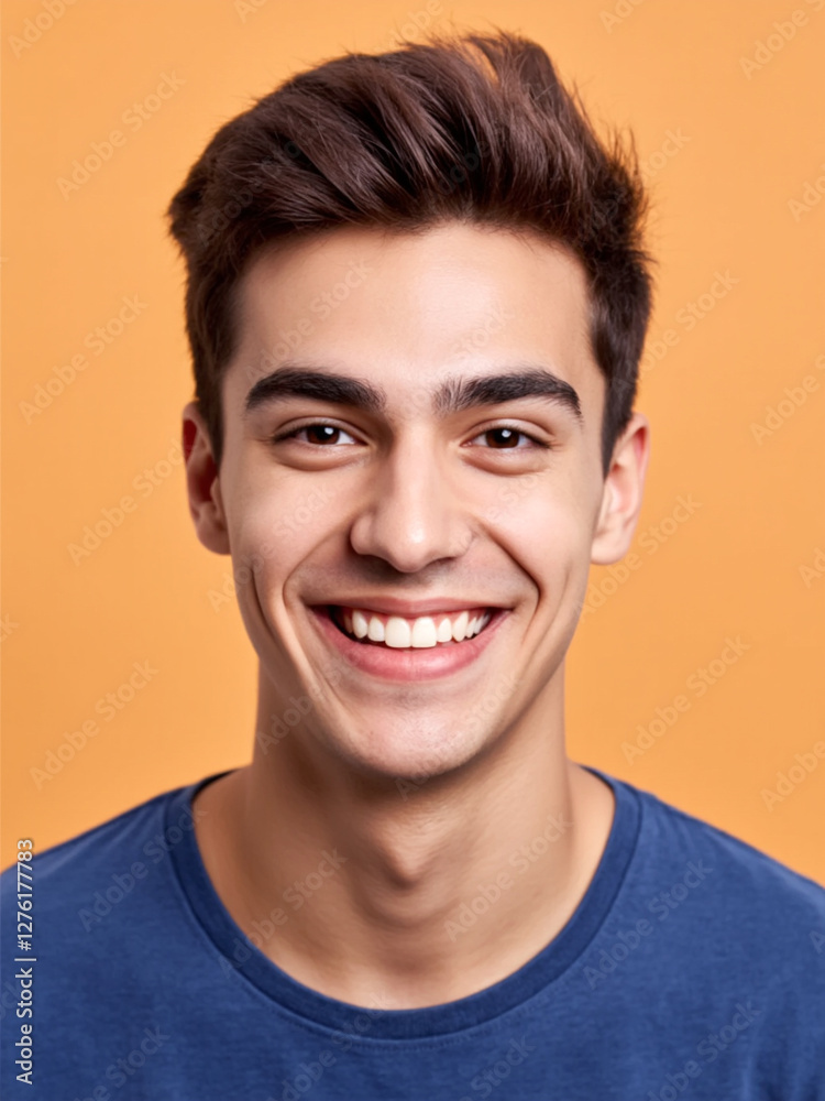 Young man with joyful expression against vibrant orange backdrop Young man with joyful expression against vibrant orange backdrop