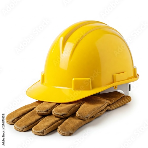 A yellow hard hat and leather work gloves on a white background