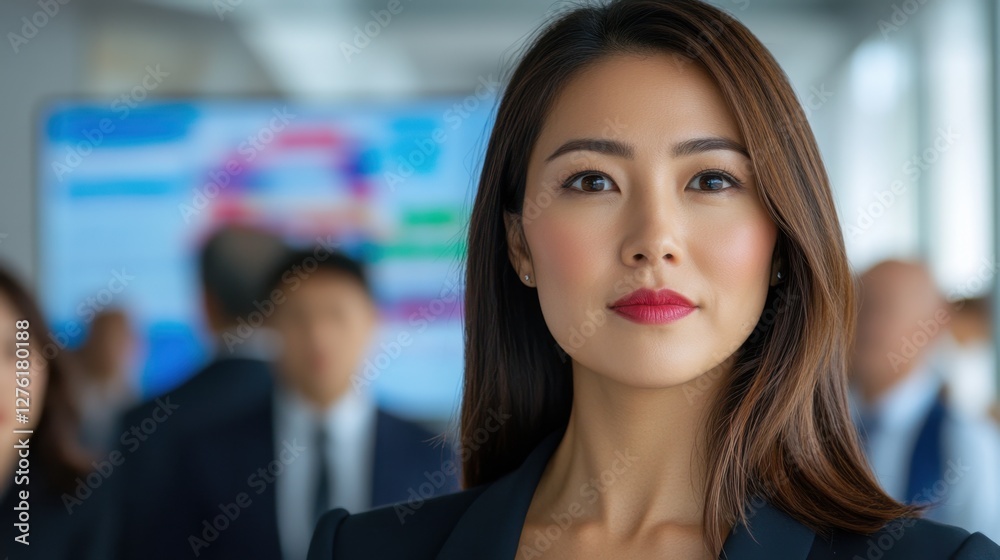 Naklejka premium Confident professional woman in a dark suit gazes directly at the camera. The background is blurred, showcasing other businesspeople in a meeting. 