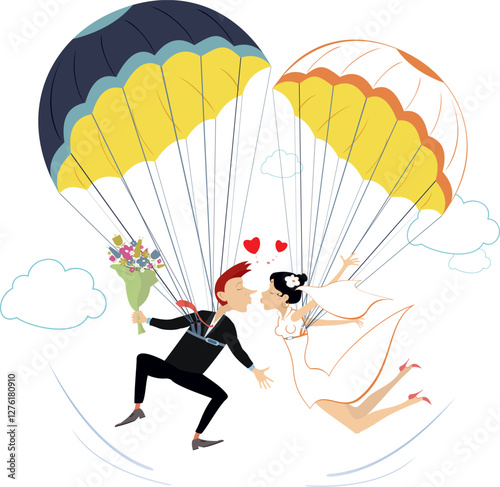 Love under the sky. Skydiving wedding couple.
Extreme wedding ceremony Happy wedding couple flying on the parachutes and kissing
