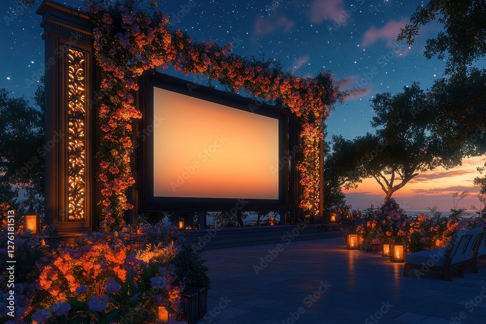 A serene outdoor movie setup adorned with flowers, showcasing a large screen against a twilight sky, creating a romantic atmosphere. A serene outdoor movie setup adorned with flowers, showcasing a large screen against a twilight sky, creating a romantic atmosphere.