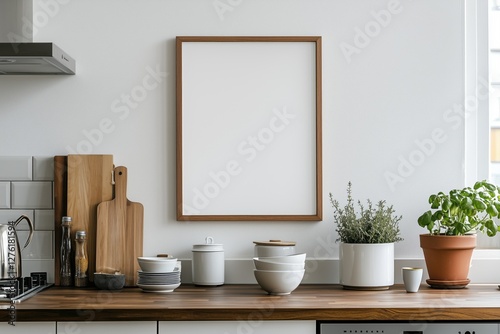 blank picture frame in a well-lit, contemporary kitchen, offering a perfect space to display your artwork or photography.