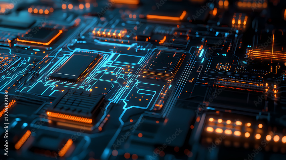 Close-up of a Circuit Board with Blue and Orange Lighting Close-up of a Circuit Board with Blue and Orange Lighting