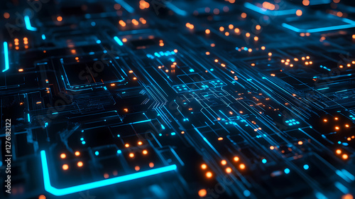 Futuristic Circuit Board with Blue and Orange LEDs