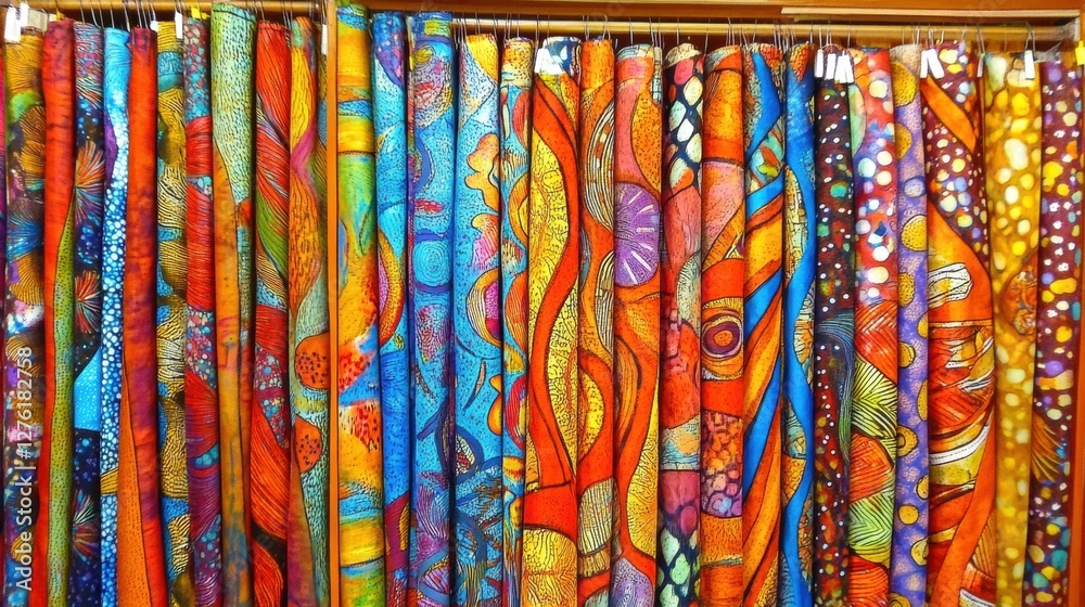 Vibrant Textiles with Ornate Patterns Hanging at a Colorful Market Stalls Vibrant Textiles with Ornate Patterns Hanging at a Colorful Market Stalls