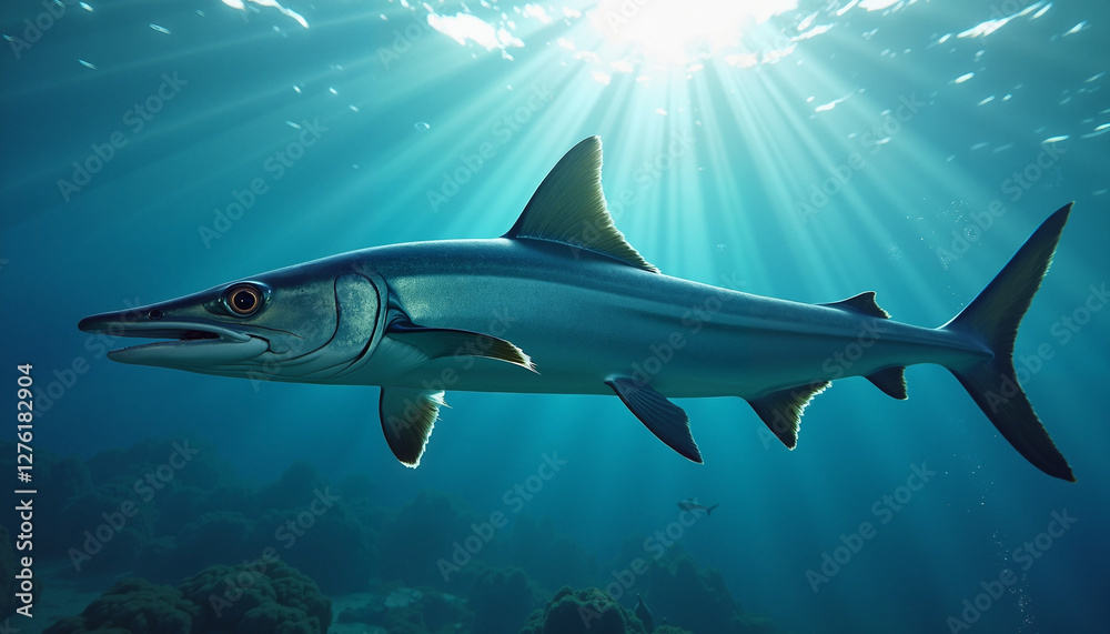 Fototapeta premium Sleek barracuda swimming in sunlit ocean depths
