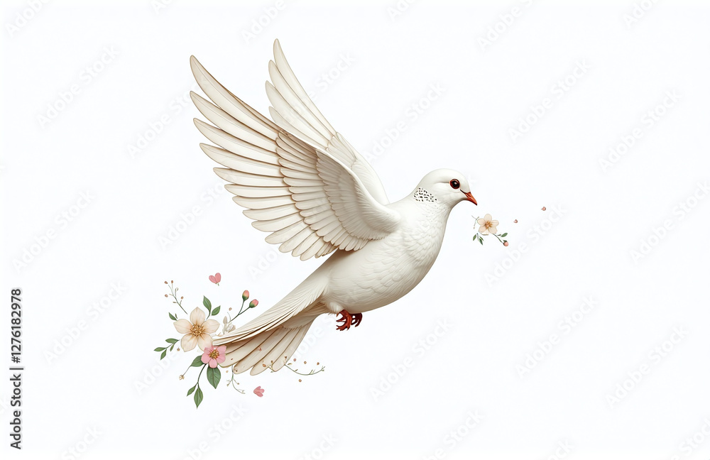 Obraz premium A Minimalist Illustration Of An Easter Dove With A Floral Touch, White Background Intricate Wing Textures, Realism 00001
