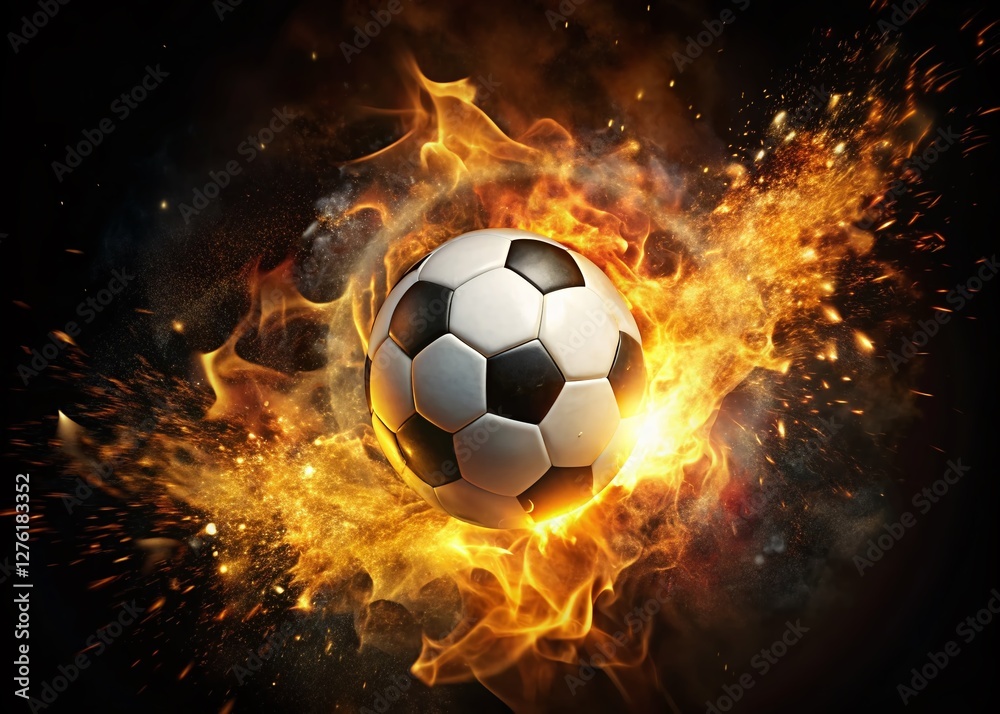 Naklejka premium Fiery Soccer Ball Minimalist Dark Background Stock Photo