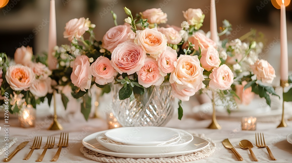 Elegant table arrangement features white porcelain plate on macrame placemat, pink roses in crystal vase, golden cutlery, blush candles, and geometric gold napkin holder. Elegant table arrangement features white porcelain plate on macrame placemat, pink roses in crystal vase, golden cutlery, blush candles, and geometric gold napkin holder.