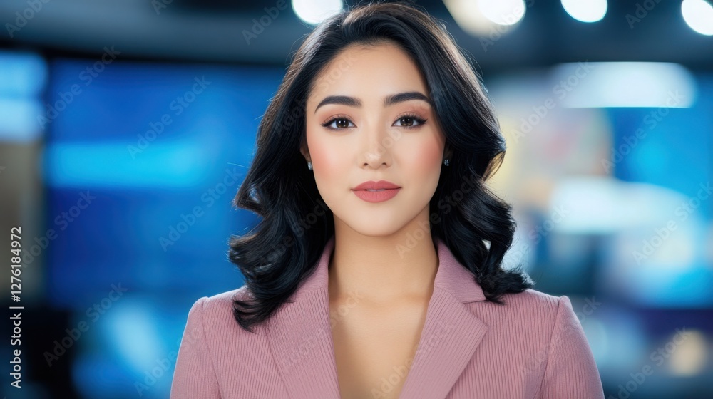 Obraz premium A professional female news anchor standing in a sleek TV studio, speaking into a microphone with bright studio lights illuminating her face. 