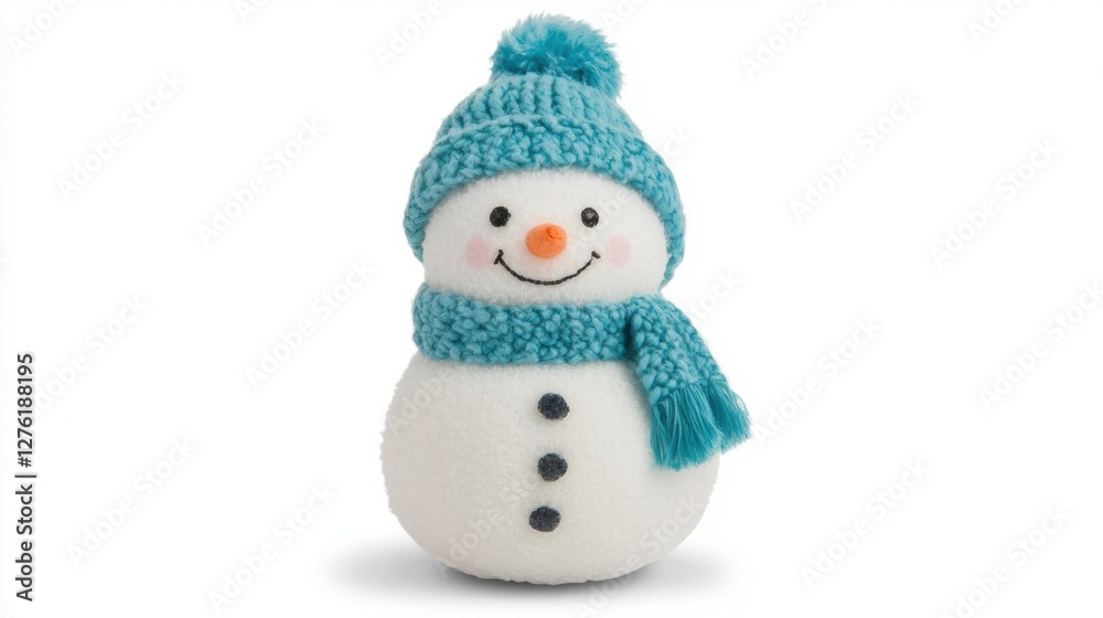 Snowman with blue hat and scarf on white background, cheerful smile. Snowman with blue hat and scarf on white background, cheerful smile.