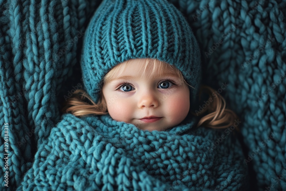 Adorable child wrapped in a cozy knitted teal blanket. Adorable child wrapped in a cozy knitted teal blanket.