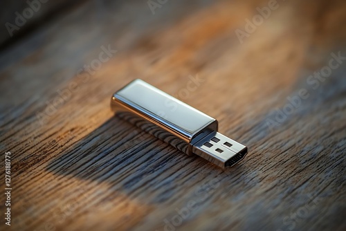 Silver USB flash drive on wooden background
