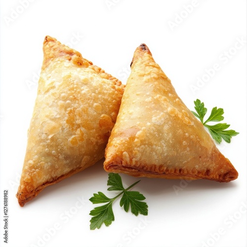 Two golden brown samosas filled with savory ingredients on a white background, perfect for appetizers or snacks. photo