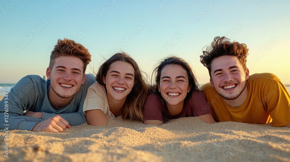 Four close friends lying on their stomachs on the soft morning sand, sharing laughter while enjoying the peaceful sunrise over the ocean Four close friends lying on their stomachs on the soft morning sand, sharing laughter while enjoying the peaceful sunrise over the ocean