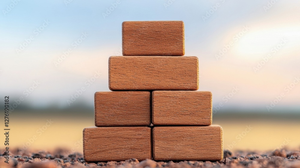 Obraz premium Wooden blocks stacked pyramidally represent teamwork, human resources, and employee care, symbolizing strength and stability.