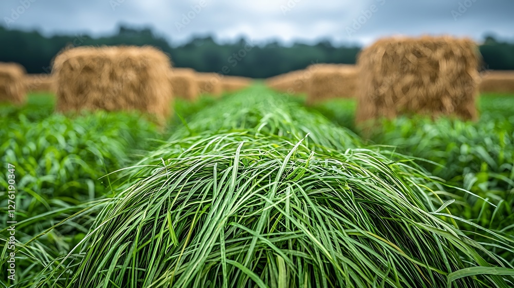 Green grass field with hay bales. Rural landscape. Stock photo Green grass field with hay bales. Rural landscape. Stock photo