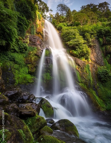 Majestic waterfall cascading down rocky cliffs surrounded by lush greenery in serene natural environment