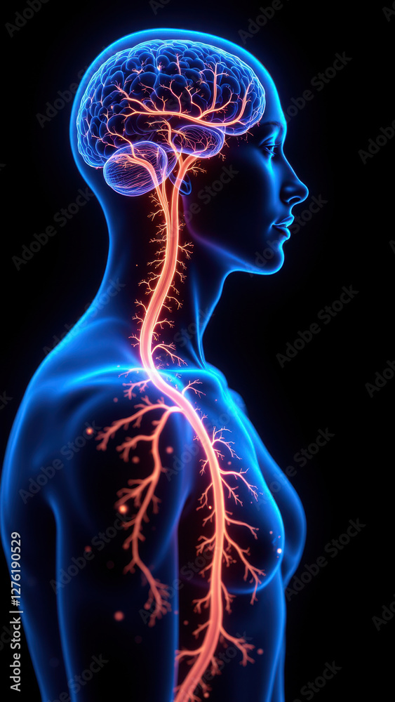 VNS, Vagus Nerve Stimulation visualized with highlighted brain and blood vessels. VNS, Vagus Nerve Stimulation visualized with highlighted brain and blood vessels.