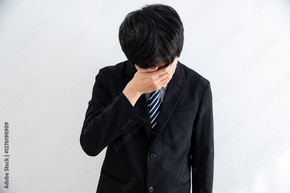 悩み落ち込むスーツを着た男性