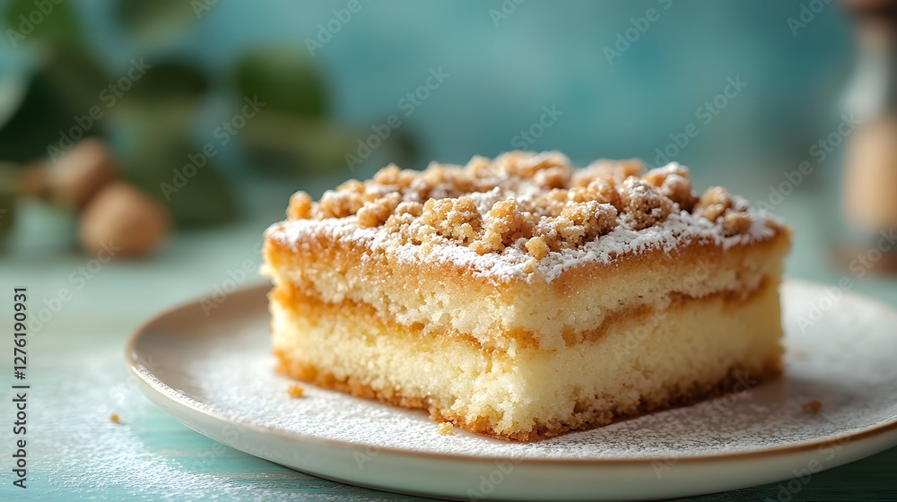 Individual sponge cake displays golden-brown crumble topping and powdered sugar dusting on white ceramic plate against soft pastel blue background. Individual sponge cake displays golden-brown crumble topping and powdered sugar dusting on white ceramic plate against soft pastel blue background.