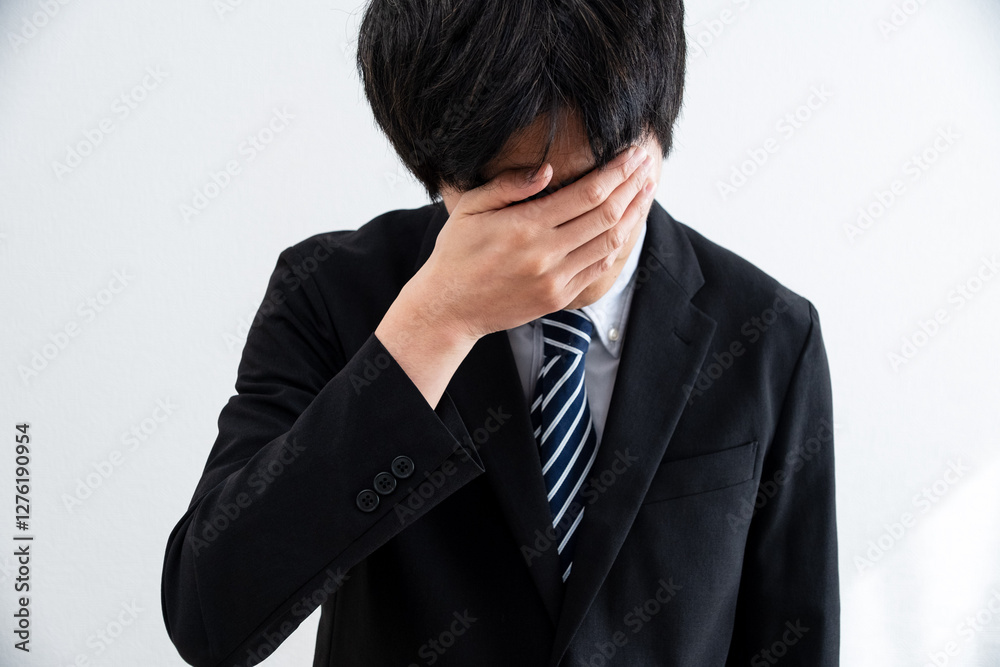 悩み落ち込むスーツを着た男性