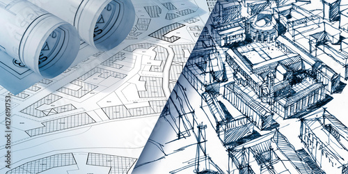PLANNING A NEW CITY - SKETCH CONCEPT - Building activity and construction industry concept - Building Permit with fictional cadastral map and general urban plan