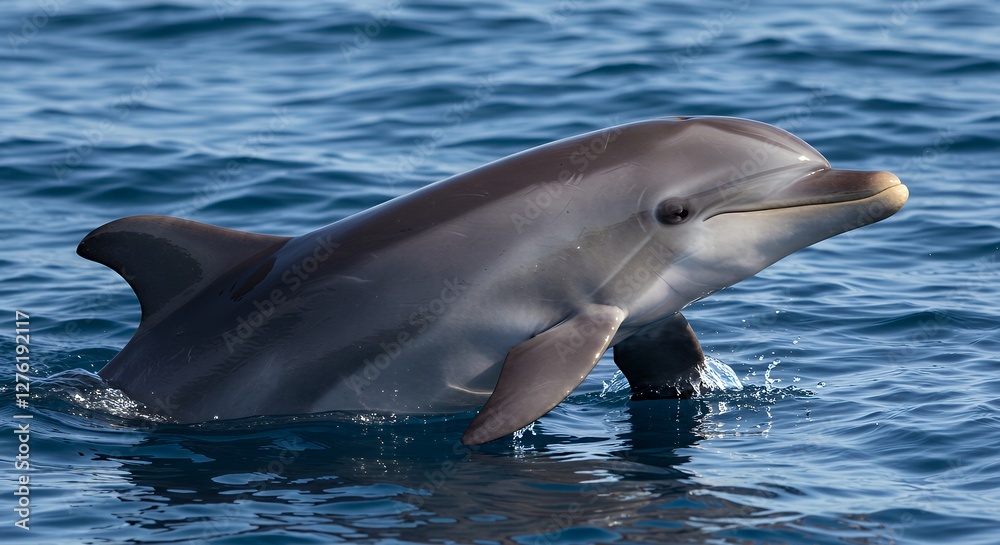 Fototapeta premium Dolphin Emerging From Ocean Water with Clear Blue Sea Background