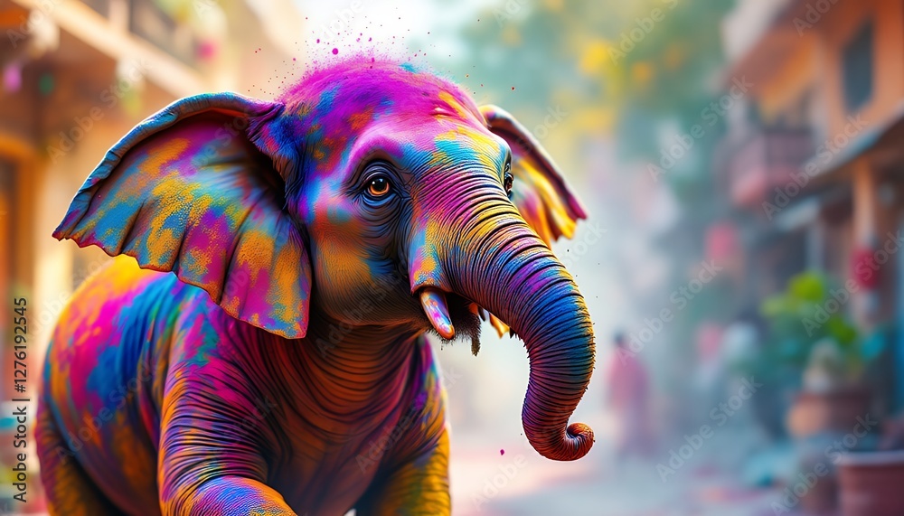 Obraz premium Vibrant Holi Festival Elephant: A Colorful Spectacle in India