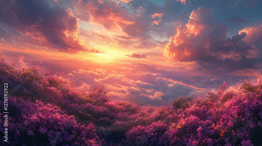 Fototapeta premium Rolling hills covered in vibrant wildflowers under a golden sunset