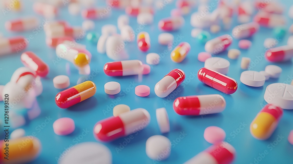 Assorted pills and capsules scattered on a blue surface. Assorted pills and capsules scattered on a blue surface.