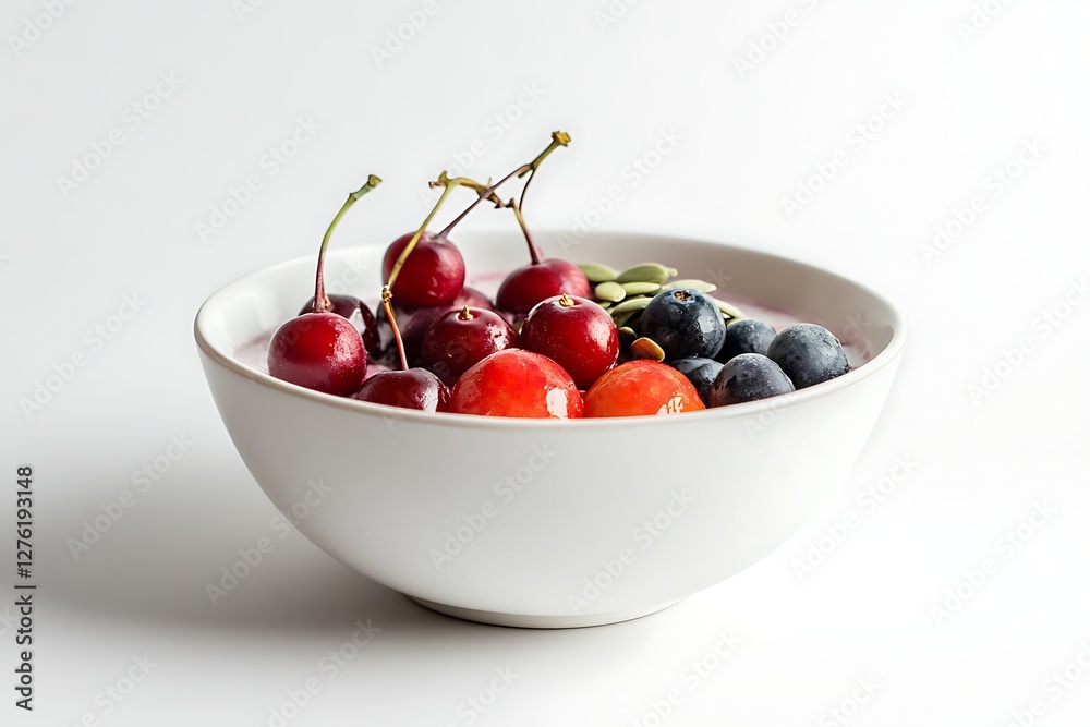 A white bowl full of fresh berries and yogurt on a white background A white bowl full of fresh berries and yogurt on a white background