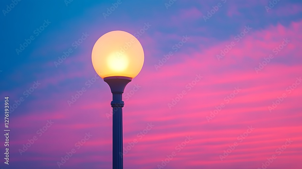 Spherical glass globe street lamp stands against dramatic sunset sky, creating vintage aesthetic with pink and purple twilight colors in urban setting. Spherical glass globe street lamp stands against dramatic sunset sky, creating vintage aesthetic with pink and purple twilight colors in urban setting.