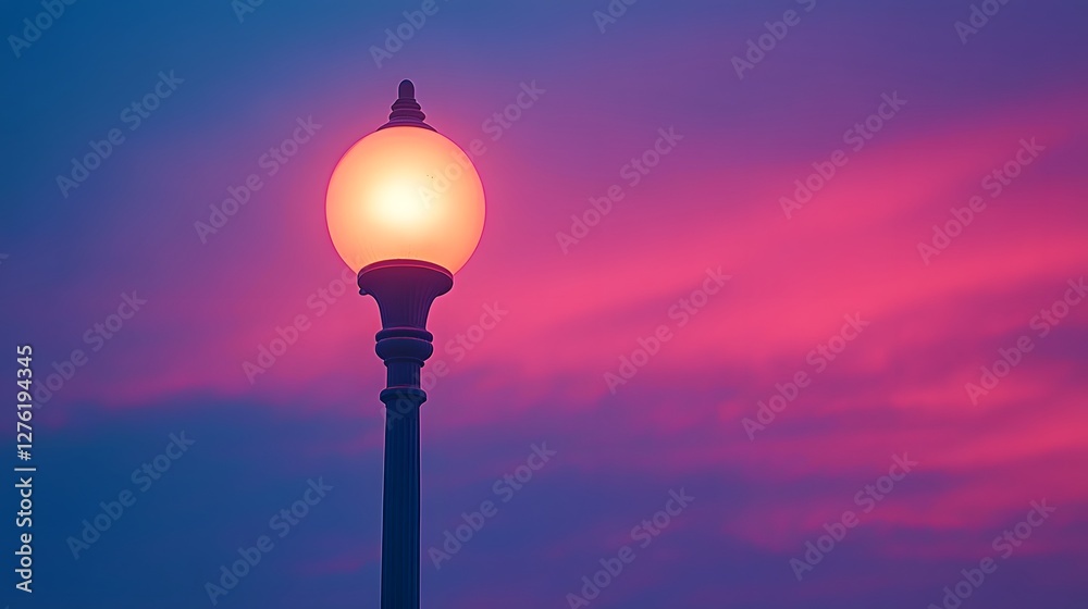 Spherical glass globe street lamp stands against dramatic sunset sky, creating vintage aesthetic with pink and purple twilight colors in urban setting.