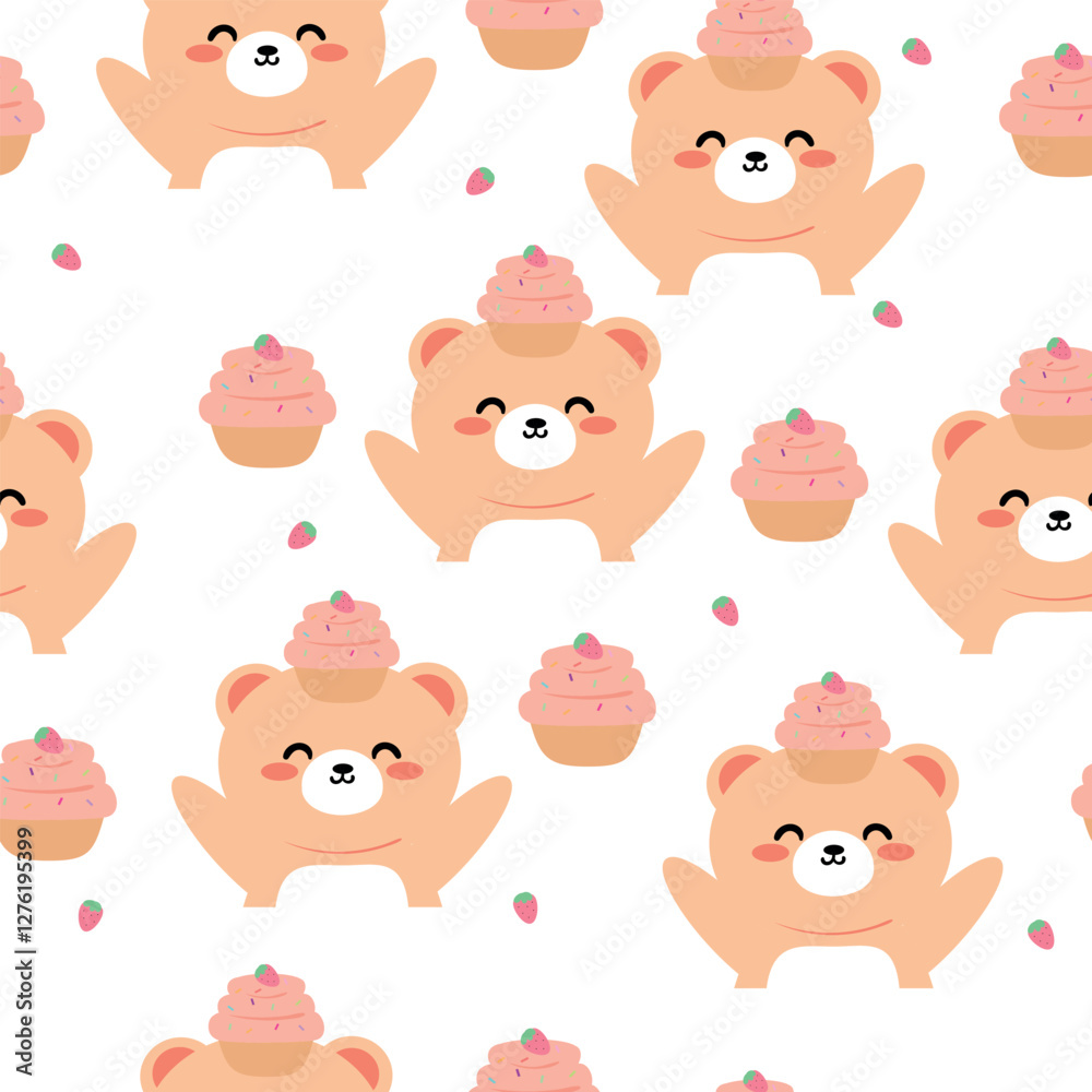 Seamless pattern cute cartoon bear with strawberry cake. cute animal pattern for wallpaper, background and gift wrap paper Seamless pattern cute cartoon bear with strawberry cake. cute animal pattern for wallpaper, background and gift wrap paper