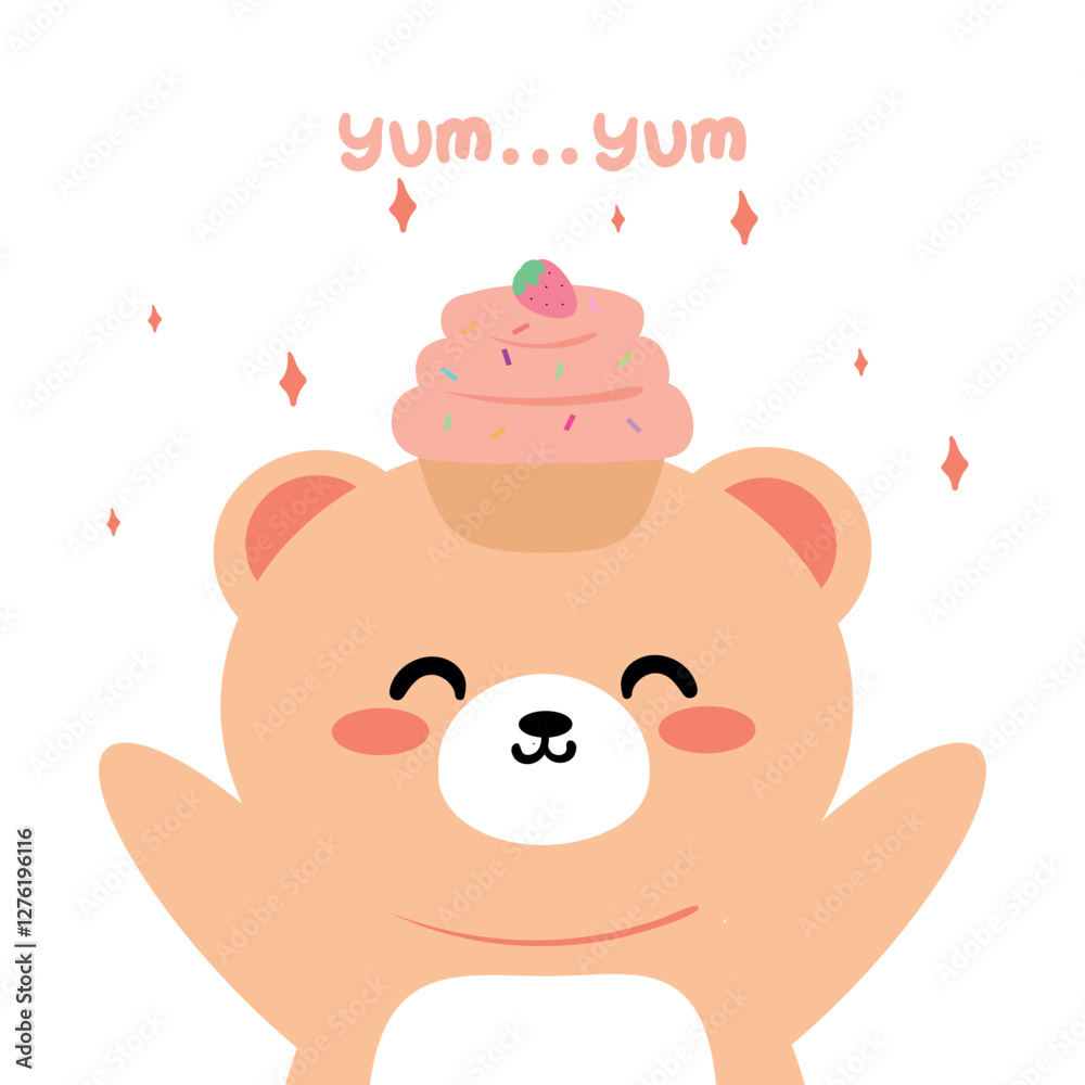 Fototapeta premium Cute hand drawing cartoon bear with strawberry cake over head bear . cute bear drawing for animal sticker, icon