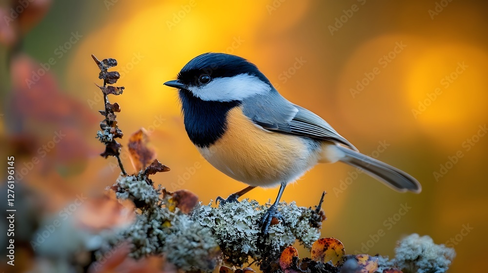 Naklejka premium Small songbird rests on lichen-covered branch with forest bokeh background, captured in golden hour light with cinematic mood and sharp detail focus.