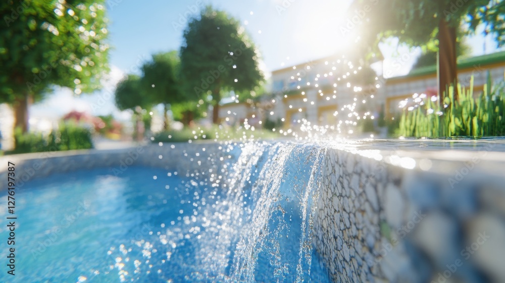 Waterfall Over Stone Wall with Sparkling Water Bubbles in Sunlight on a Bright Day Waterfall Over Stone Wall with Sparkling Water Bubbles in Sunlight on a Bright Day