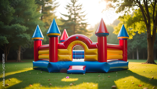 Kids inflatable bounce, inflatable house,  inflatable castle,  Colorful inflatable bounce house in a sunny park setting for children's outdoor fun