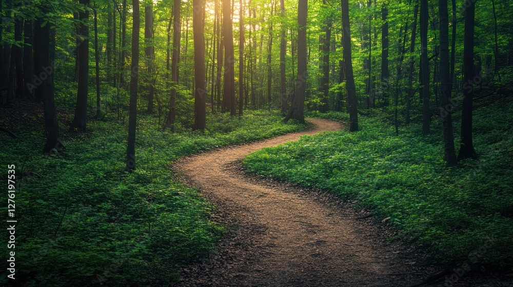 Obraz premium A winding path through a lush green forest illuminated by soft sunlight.