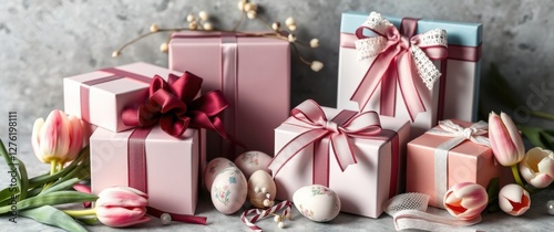 Gift boxes, decorated eggs and flowers. Perfect present for celebrating special occasions with your loved ones.