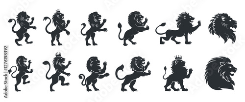 Heraldic lion royal with mane and paws set