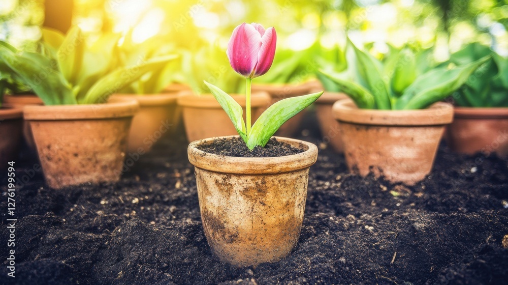 Single Red Tulip Flower in a Brown Clay Pot in Soil With Green Plants in Background Single Red Tulip Flower in a Brown Clay Pot in Soil With Green Plants in Background