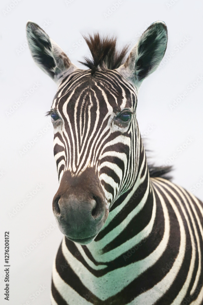 Head shot portrait of African zebra. African wildlife. African safari and wild animals. Travel to Africa