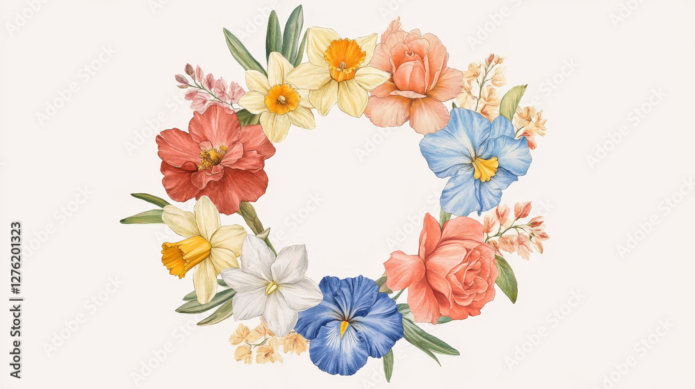 Natural flower bloom iris daffodil rose wreath illustration greeting card vector seamless pattern background blossom Natural flower bloom iris daffodil rose wreath illustration greeting card vector seamless pattern background blossom