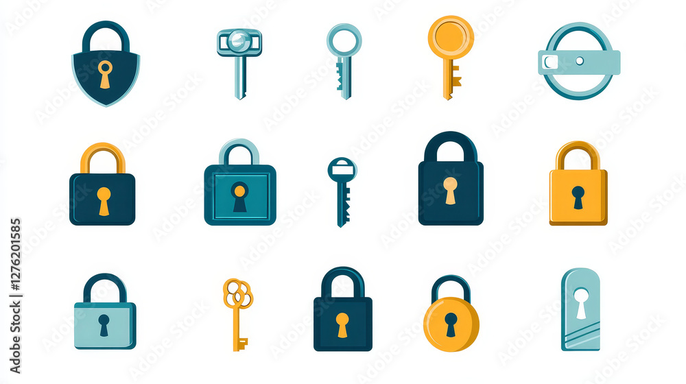 Different house door lock icons set vector safety password privacy element with key and padlock, protection security keyhole vector illustration. Different house door lock icons set vector safety password privacy element with key and padlock, protection security keyhole vector illustration.