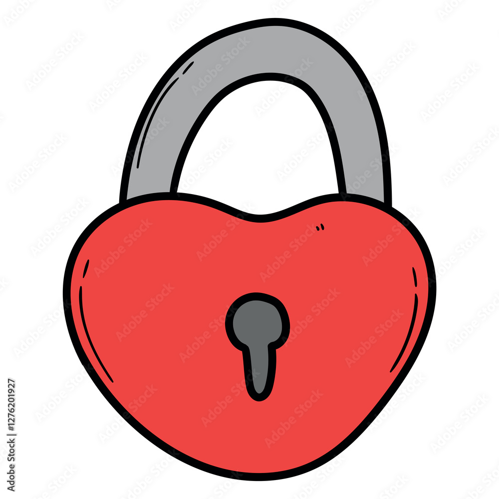 Hand drawn cartoon closed red heart padlock on white background.